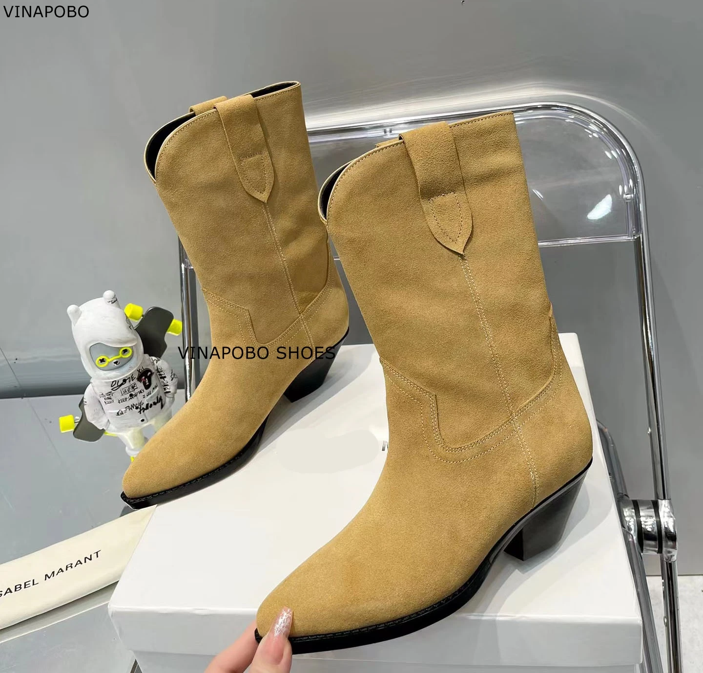 

Ковбойские сапоги из натуральной кожи в западном стиле для женщин, короткие сапоги на высоком массивном каблуке, модная Женская британская ...