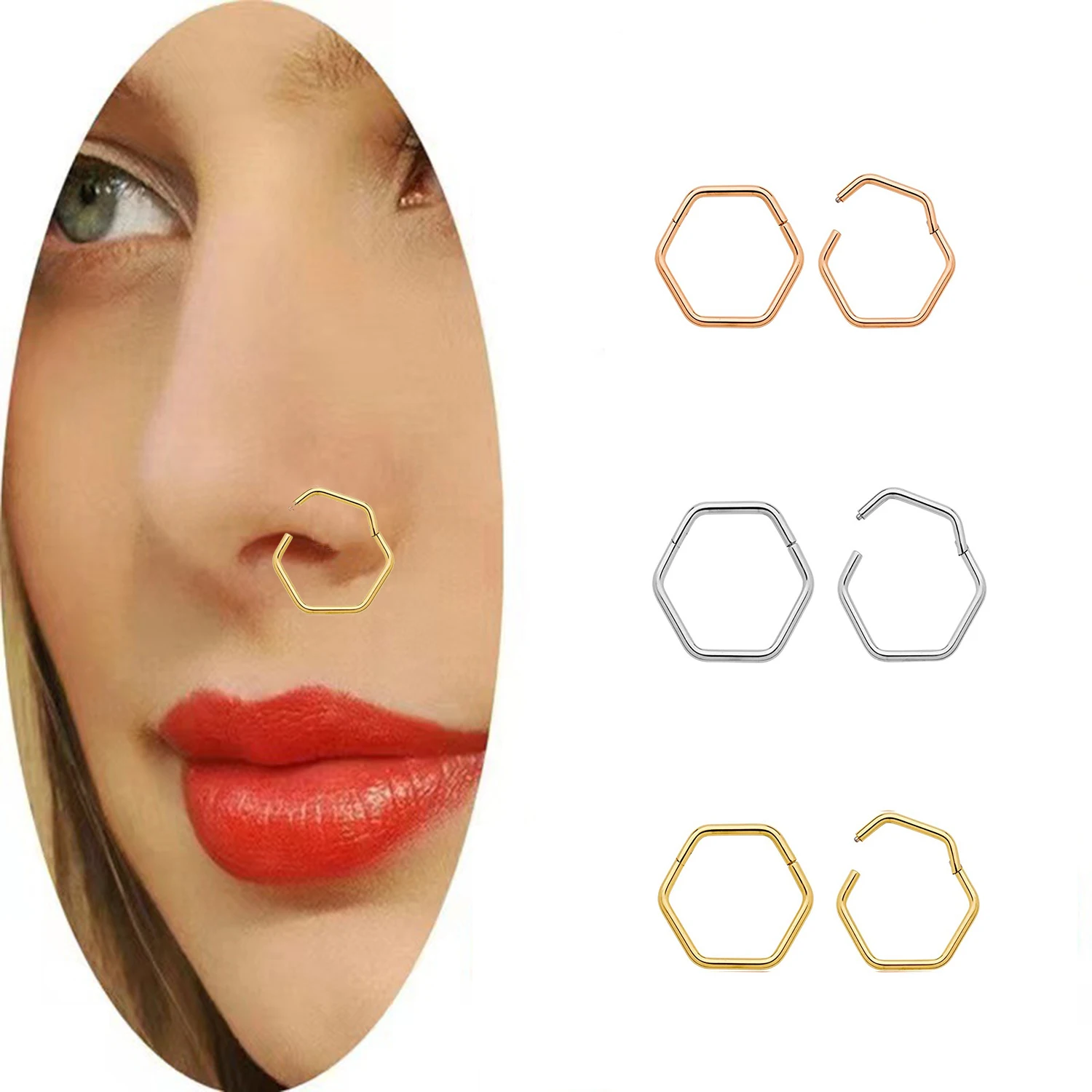 1Pc Hexagonal Nose Ring Open Small Septum Piercing Nose Earrings Women Men Ear Nose Piercing Nose Cuff Clip Body Jewelry
