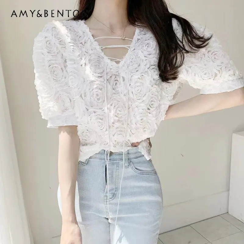 

Summer New Slimming Youthful-Looking Blouse Three-Dimensional Hollow Out V-neck Shirt Versatile Puff Sleeve Chic Top for Women