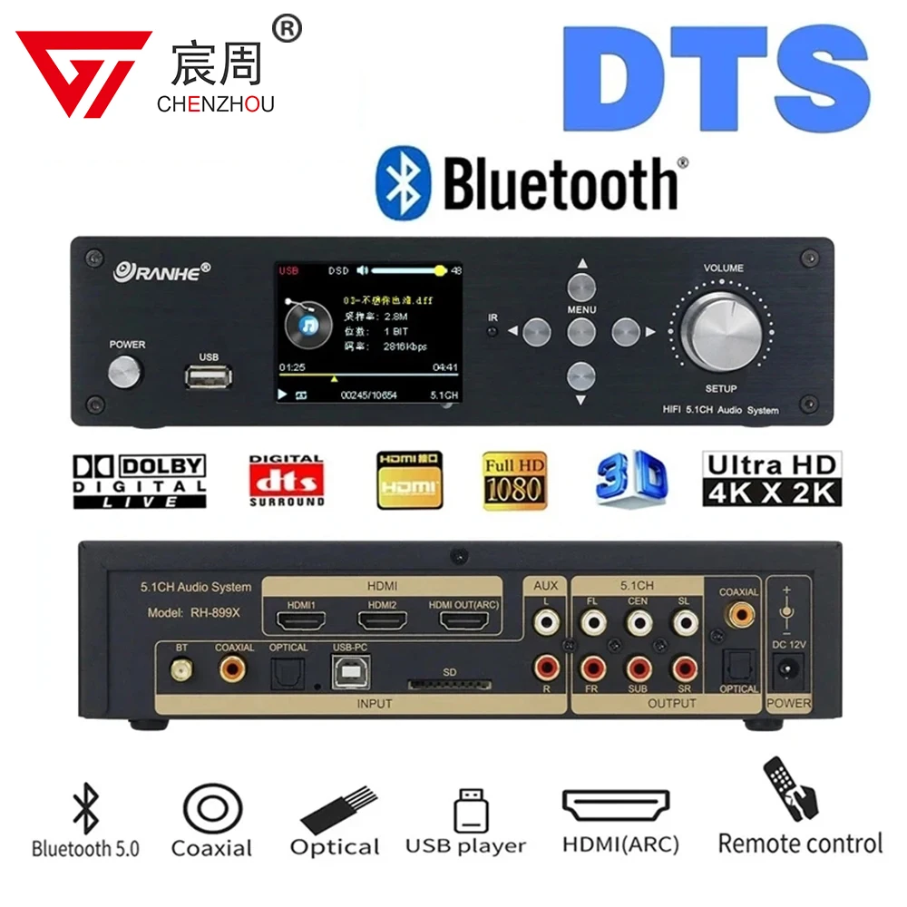 

HDMI DTS Dolby AC3 Atmos Decoder 5.1 Lossless U Disk Playback DSD Bluetooth 5.0 Fiber Coaxial Audio DAC FLAC PCUSB Splitter