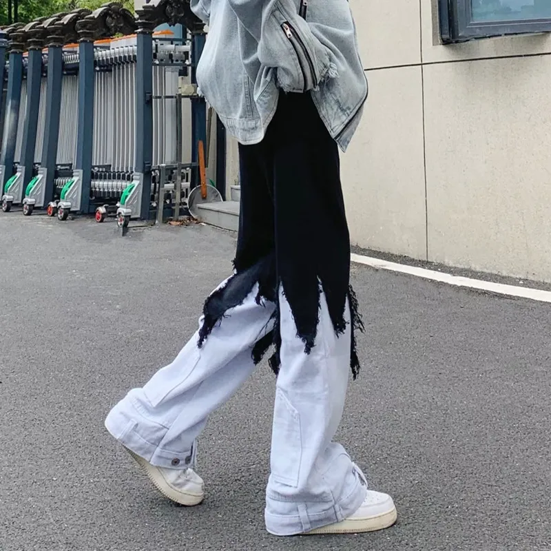 Модные черные и белые мешковатые расклешенные джинсы Y2K с соединением одежда для