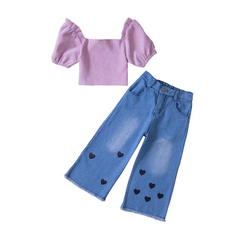 

Комплект летней одежды для маленьких девочек из 2 предметов, короткий топ с коротким рукавом и рюшами, джинсовые брюки с принтом в виде серде...