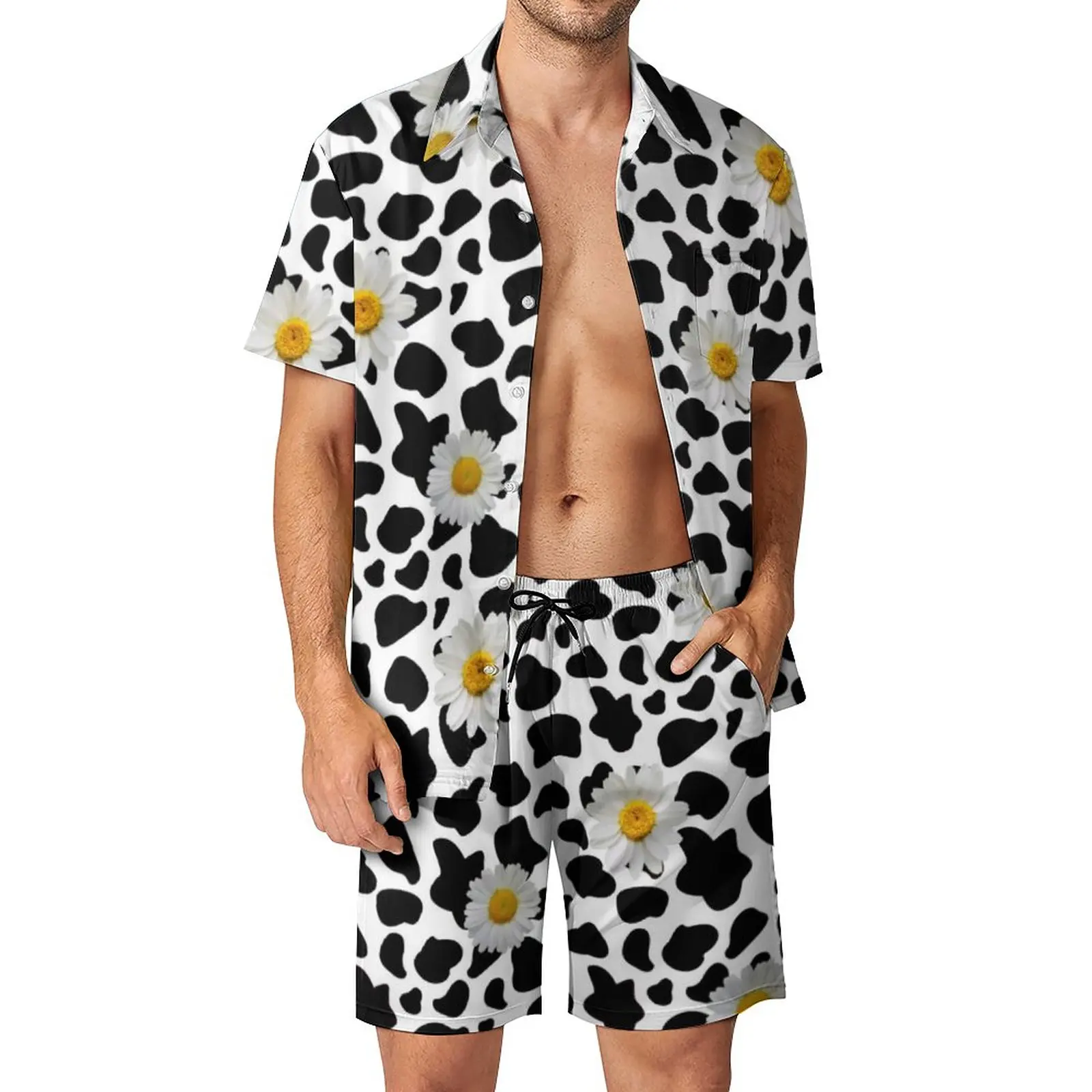 

Daisy Cow Print Men Sets Floral Animal Cowprint Casual Shorts Summer Hawaii Beachwear Shirt Set Short-Sleeve Oversized Suit Gift