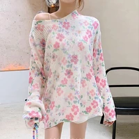 female floral print sweater vintage fashion spring autumn sweet loose thin knitwear tops 2022 trend new womens knitted pullover