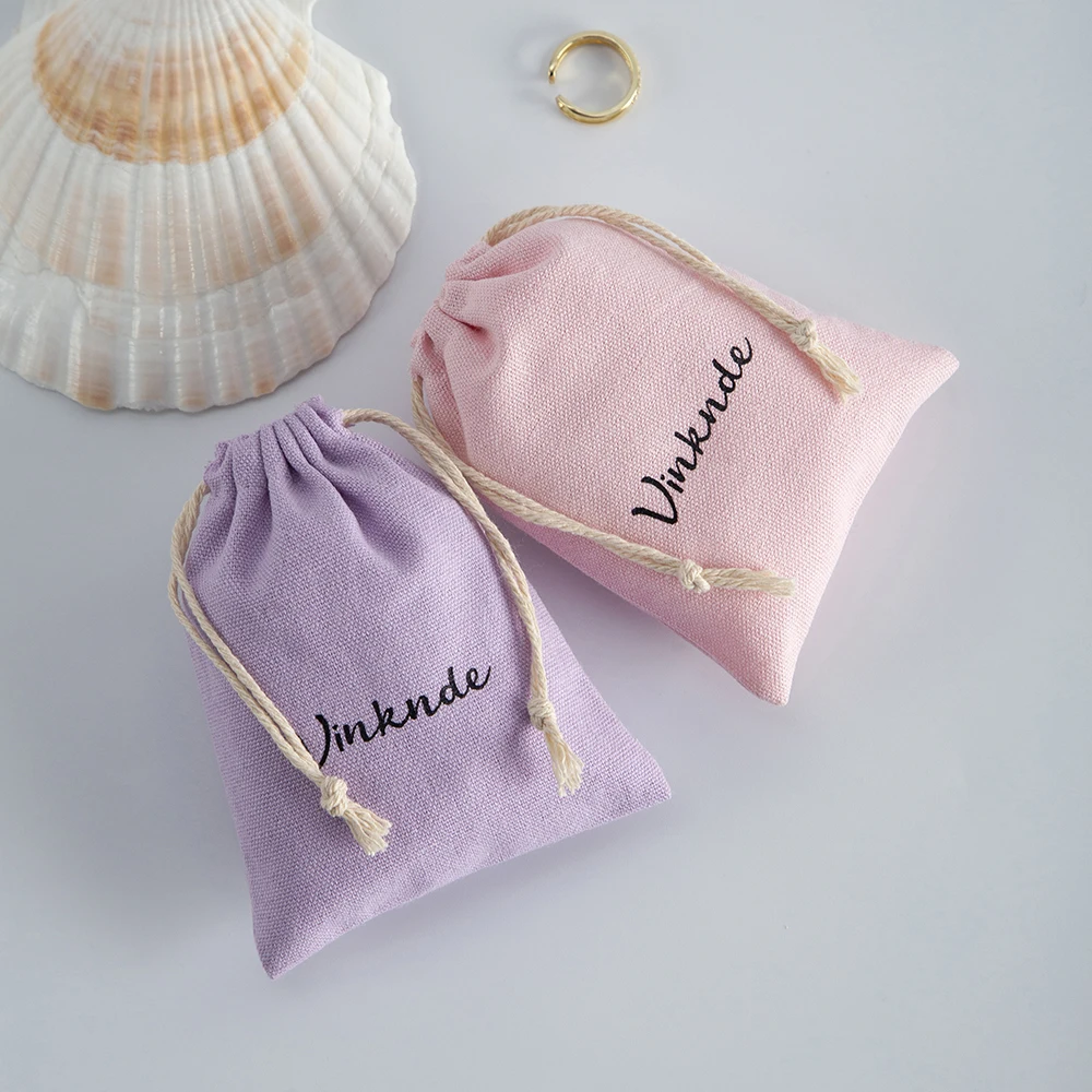 50pcs Linen Cotton Bag Pouches Custom Logo Ring Cosmetics Jewelry Packaging Bags Wedding Party Cute Drawstring Gift Storage Bags