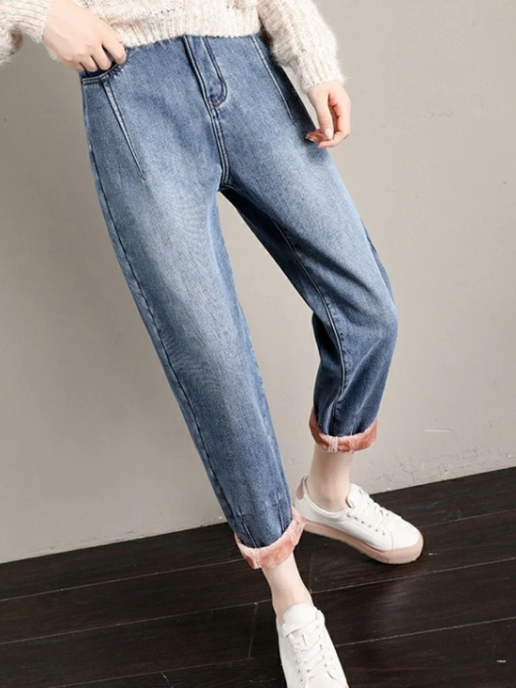 Женские зимние джинсы-шаровары с высокой талией и плюшевой подкладкой