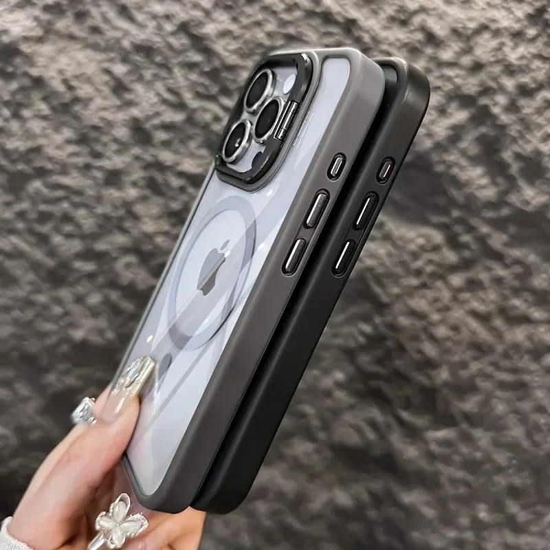 Фото Магнитный чехол для телефона Magsafe Glass Lens Protector для iPhone 17, 16, 15, 14, 13, 12, 11 Pro Max, противоударная задняя крышка с подставкой №4