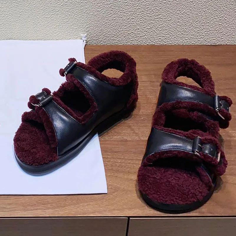 

Босоножки женские с меховой вставкой, пушистая обувь, открытый носок, теплая удобная повседневная обувь на плоской резиновой нескользящей подошве