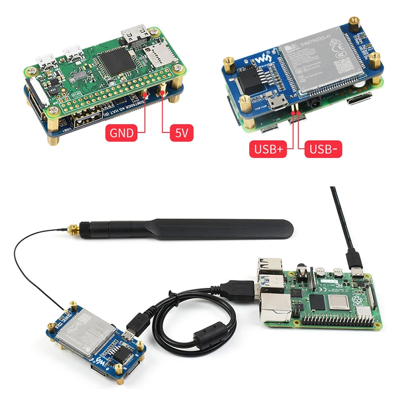 Фото SIM7600G-H 4G HAT (B) для Raspberry Pi 4 3 Zero LTE Cat-4 4G 3G 2G с поддержкой GNSS-позиционирования и глобального диапазона через Micro USB Pogo Pin №3