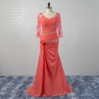 fashion coral mother of the bride dresses 2022 new v neckline with 34 sleeves flower beaded long dress for wedding guest