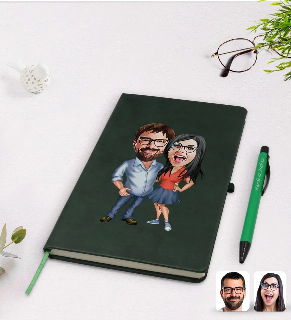 

Personalized valentine cartoon green thermo leather notebook pen set Model 105