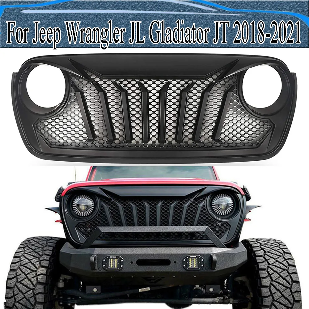 

For Jeep Wrangler JL Gladiator JT 2018-2021 Exterior Accessories Racing Grille Bumper Upper Grills Mesh Cover Wiht LED Light