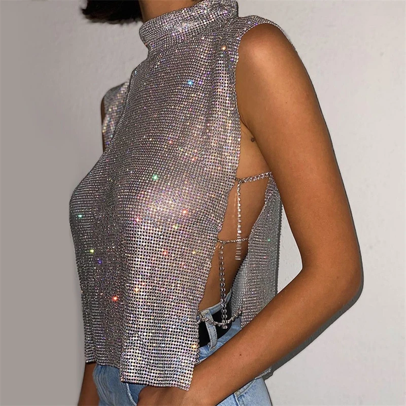 

Sexy Rhinestone Backless Party Crop Top Women Glitter Turtleneck TShirt Adjustable Metal Chain Summer Nightculb Diamond Tank Top