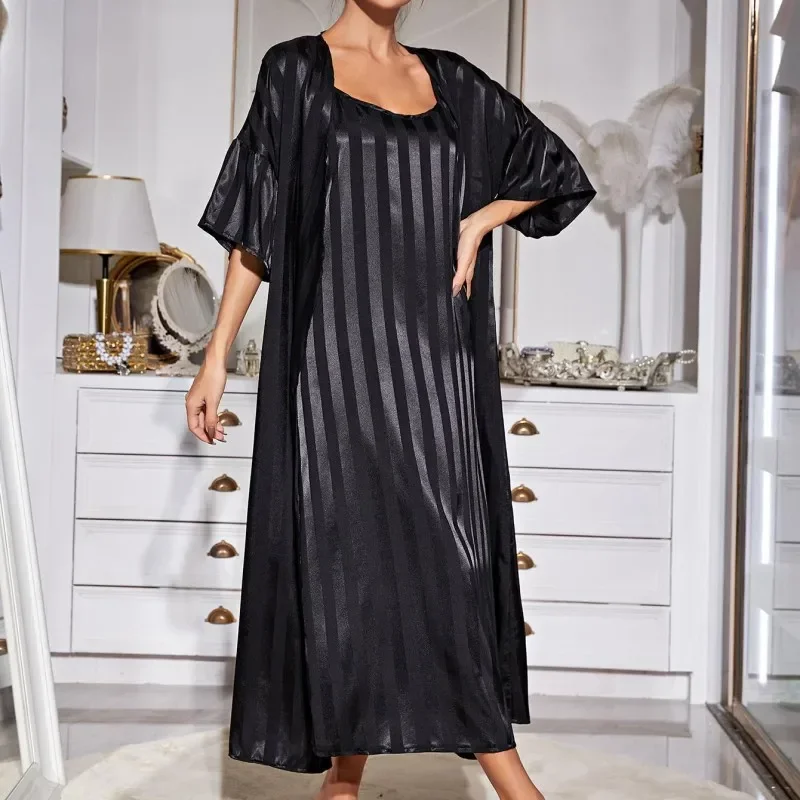 Женские шелковые атласные комплекты халатов в полоску роскошная длинная одежда