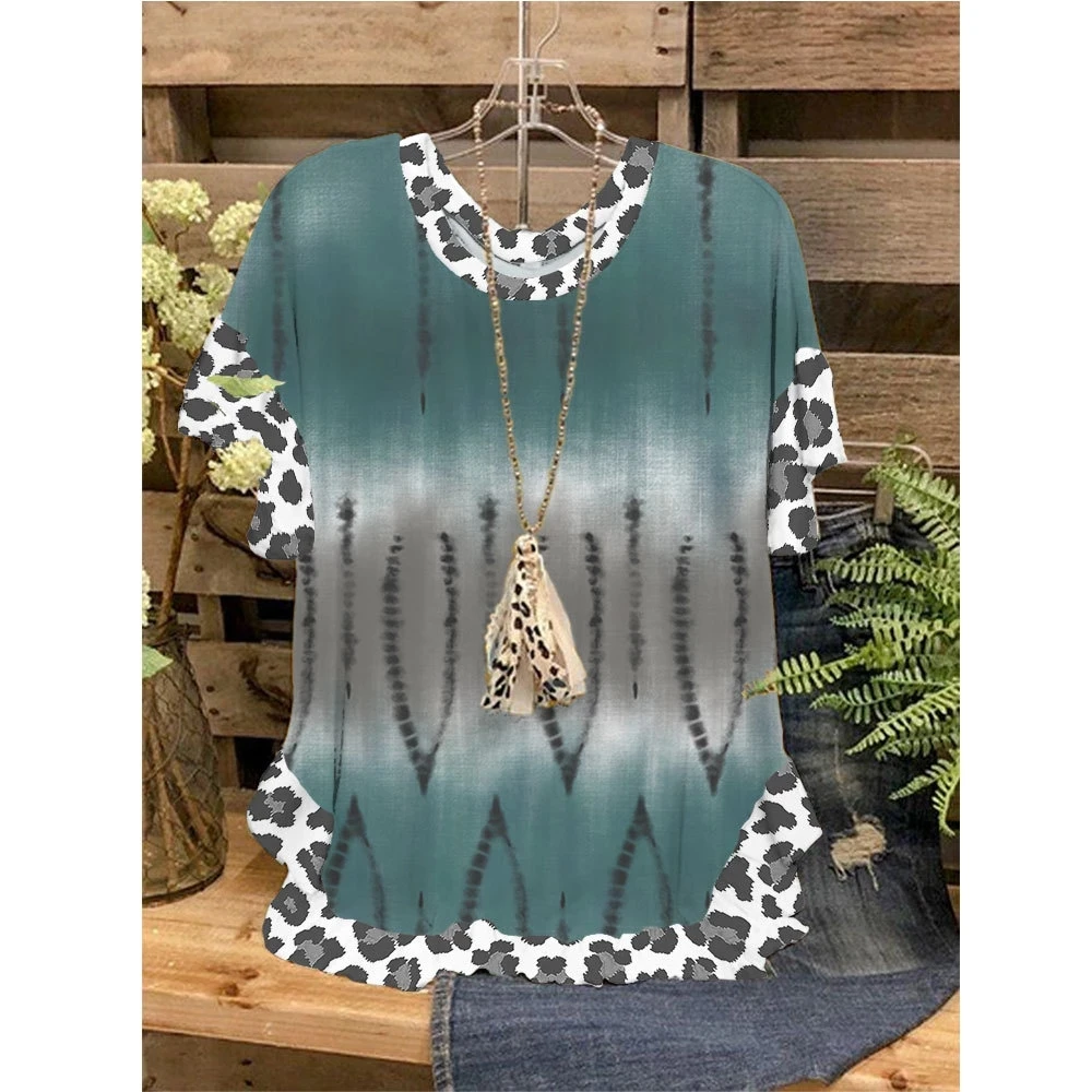 

Футболка женская с круглым вырезом, Модный повседневный Свободный Топ с оборками и коротким рукавом, с градиентным принтом, уличная одежда ...