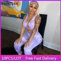 10PCS Wholesale Items for Resale Tie Dye Print Women Jumpsuits Sleeveless Bandage Bodycon Rompers Sexy Club Party Outfits 2022