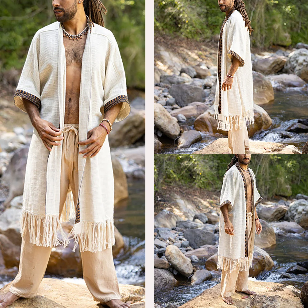 

Men's Fancy Gown Festival Wear Tribal National Patterns Textured Cotton Natural Robe