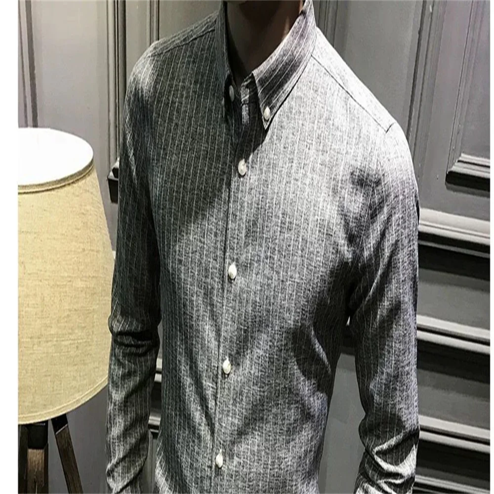 2023 new autumn men's long-sleeved shirt striped Korean version slim black trend shirt