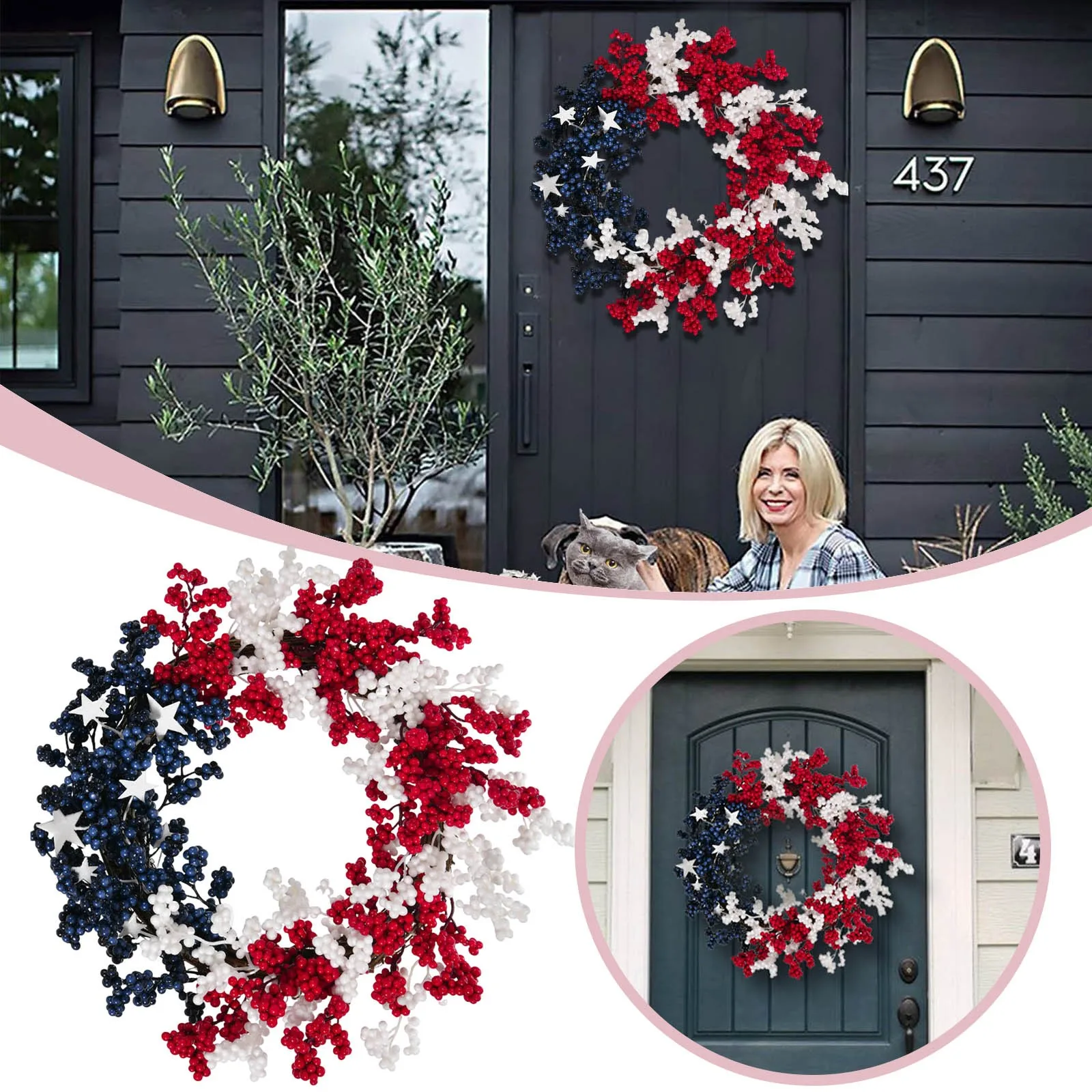 

Independence Day Wreath Door Hung With American National Day Style Home Decoration Berry Vine Wreath Front Porch