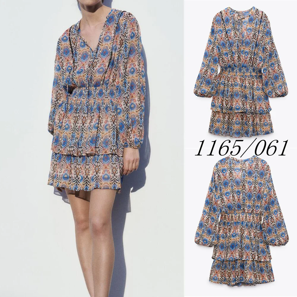 

Весеннее новое платье UNIZERA, женское повседневное ретро платье с V-образным вырезом и длинными рукавами, свободное многослойное мини-платье с...