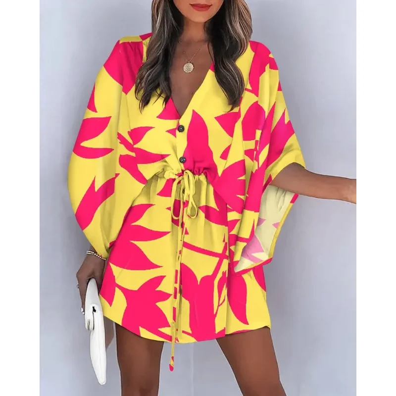Casual Sexy Printed Nightgown Women's 2023 Summer Loose V-neck Batwing Sleeve Lace-up Dress Can Be Worn Outside Home Clothes
