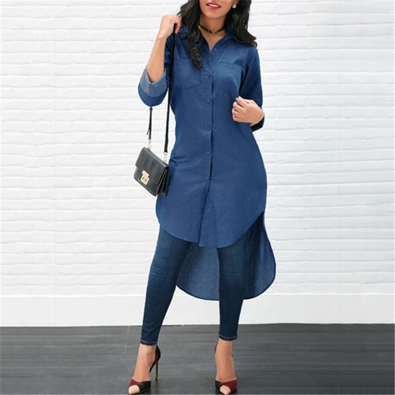 

2022 Spring Fashion Denim Blue Dress Women Casual Lapel Long Sleeve Long Shirt Vestido Elegant Work OL Sundress