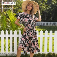 movokaka woman summer print pleated midi dress elegant party casual office lady sashes vestidos butterfly sleeve vintage dresses