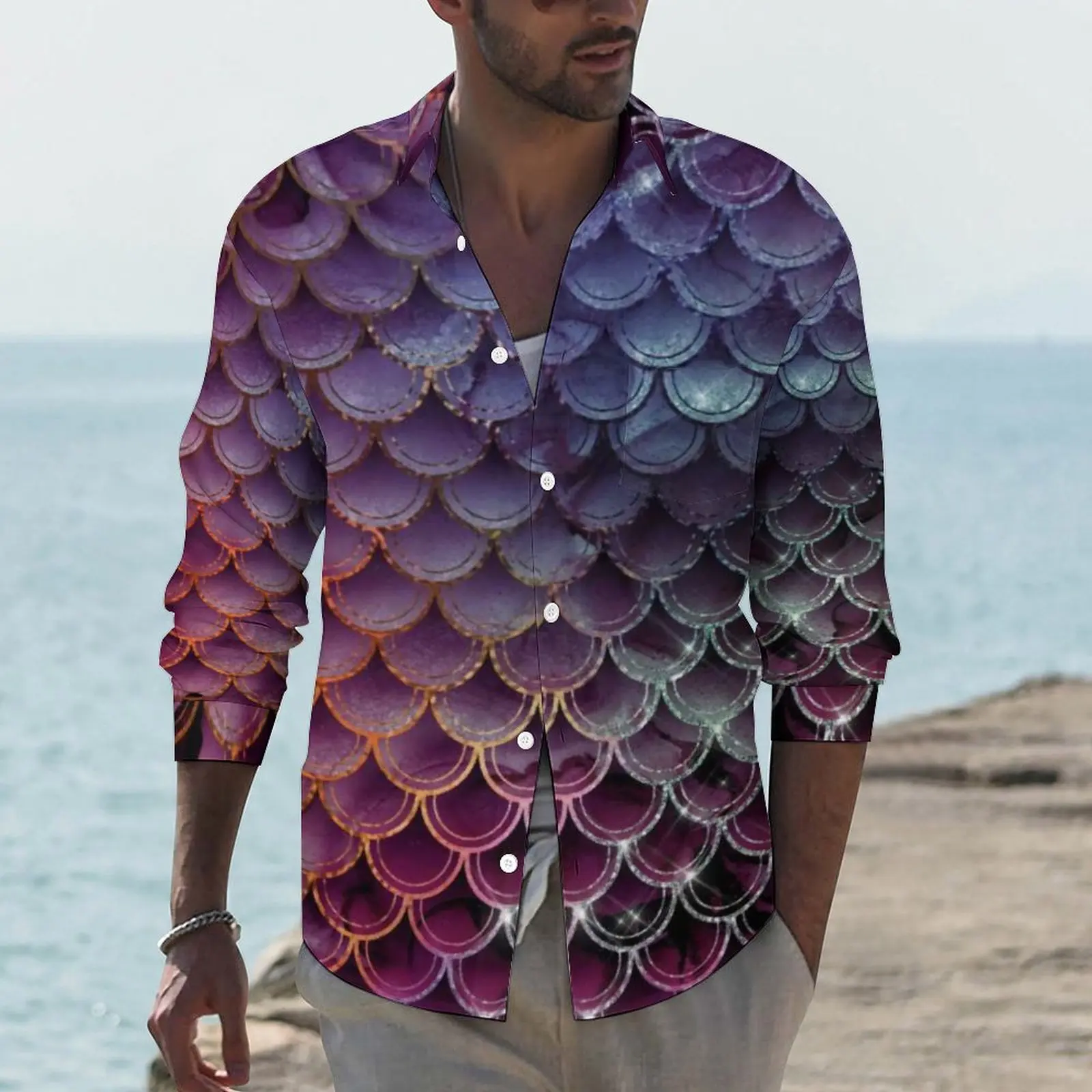 

Блестящая рубашка с принтом Омбре, блестящие рубашки в стиле русалки, повседневные рубашки с длинным рукавом, индивидуальные блузки Y2K, осенняя трендовая Одежда большого размера