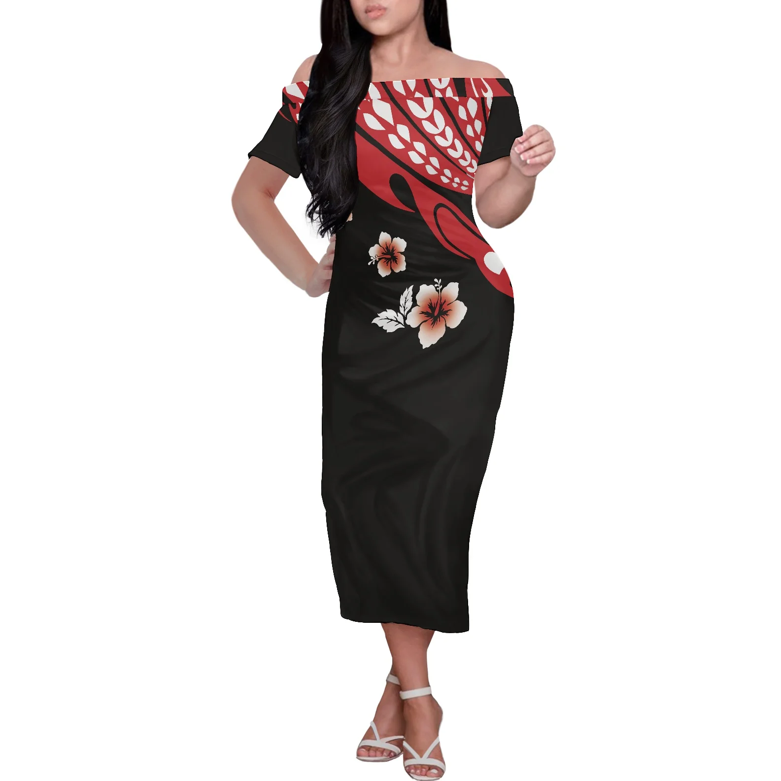 

Black Ladies Gowns Sexy Fashion Polynesian Samoan Plumeria Print Women Off Shoulder Dress High Quality Short Sleeve Long Dress