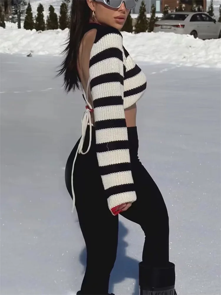 

Женский полосатый укороченный свитер в стиле пэчворк, весна 2023, Женский облегающий вязаный пуловер с открытой спиной и шнуровкой, милая укороченная трикотажная одежда для девочек