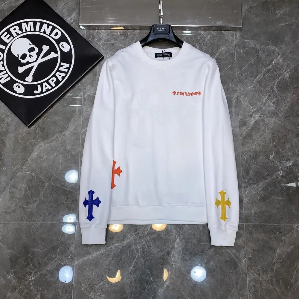 

2024 Fashion Chrome Hearts 1:1 24SS Correct New Patchwork Leather Colorful Cross Round Neck Sweatshirt for Men & Women