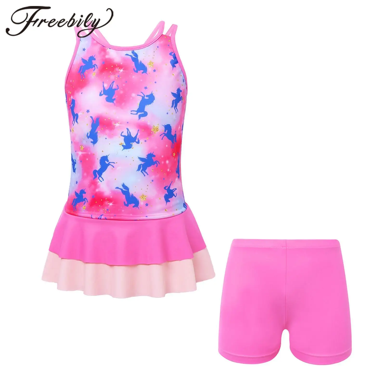 

Pink Kids Girls Two-Piece Swimsuits Sleeveless Cartoon Horse Printed Tops and Shorts Set Swimming Suit for Girls Beach Swimwear