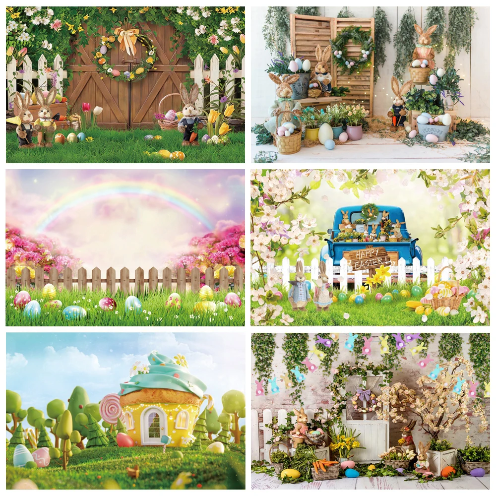Laeacco Spring Easter Photo Backdrop Garden Cute Rabbit Eggs Flowers Baby Shower Birthday Kids Portrait Photography Background
