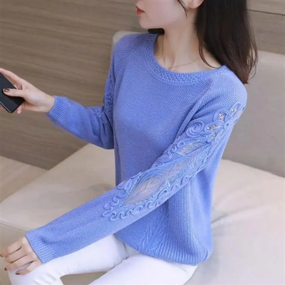 

Lady Autumn Sweater Cozy Chic Women's Lace Applique Knitted Sweaters for Fall Winter Soft Warm Anti-shrink Pullovers