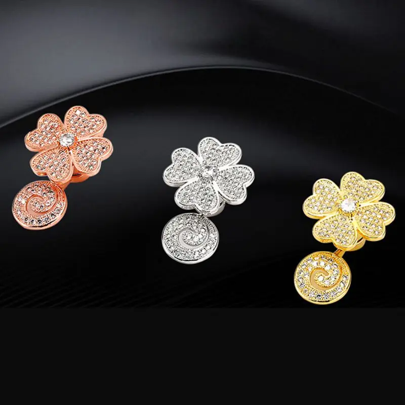 25mm X 15mm Four Leaf Clover Magnet Front Buckle Clasp Platinum Plated And Copper Zirconia Inlay For Chain Necklace BraceletDIY