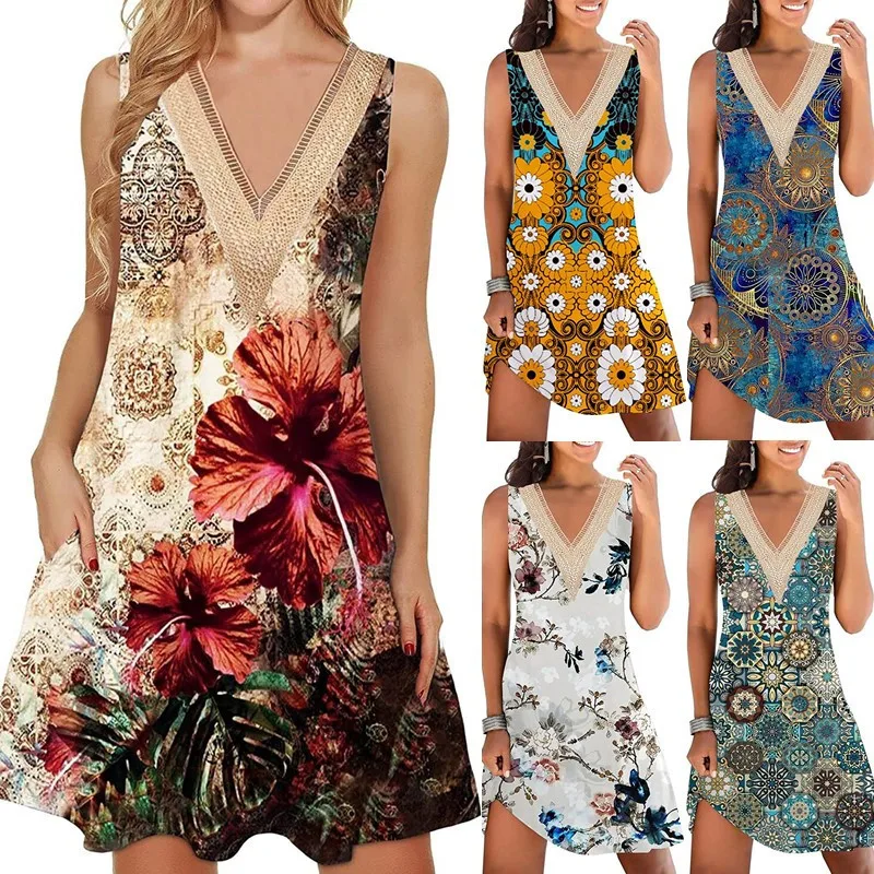 

2023 Fashion Women Summer V Neck Floral Printed Vinatge Casual Loose Fit Sleeveless Comfortable Elegant BeachDress