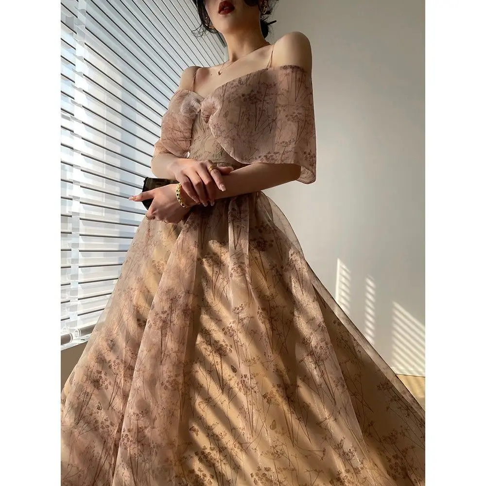 

Summer Dress Women 2022 New Design French Suspender Waist Closing Evening Dresses Fashion Female Off Shoulder Robe Long Dress