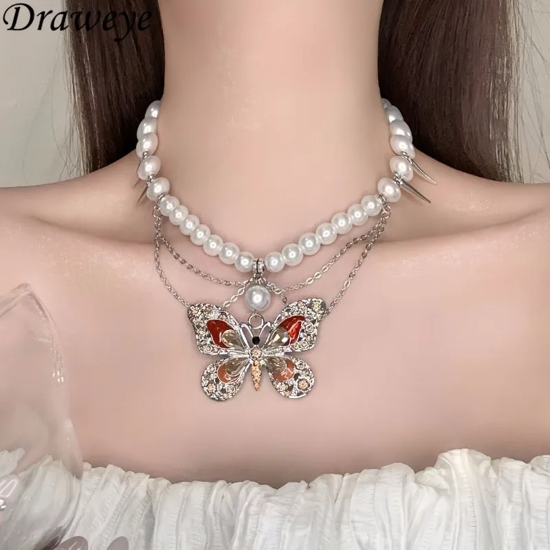 Draweye Women Necklaces Butterfly Multilayered Pearls Vintage Hyperbole Jewelry Punk Style Hiphop Fashion Collares Para Mujer