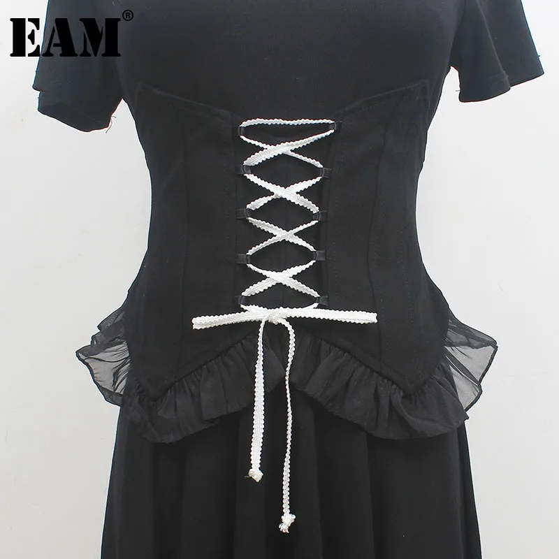 [EAM] Black Chffin Irregular Bandage Wide Elastic Belt Personality Women New Fashion Tide All-match Spring Autumn 2023 1DF7831