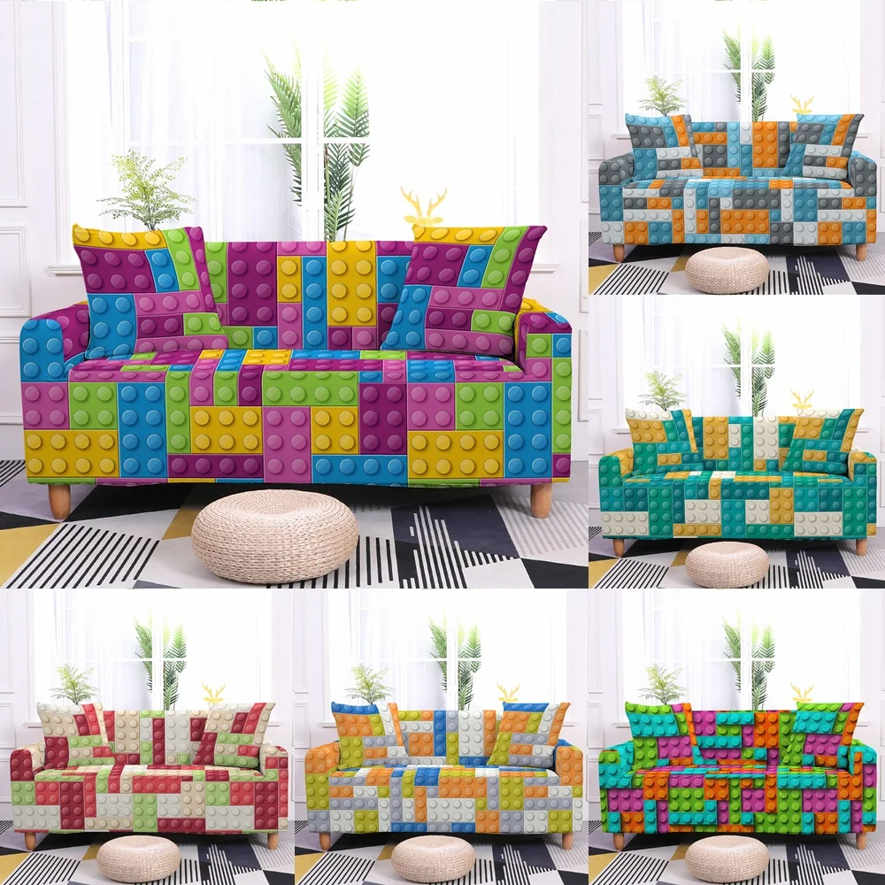 

3D Building Blocks Sofa Covers Living Room Decor Sectional Corner Elastic All Inclusive Colorful Armchair Slipcovers Couch Cover