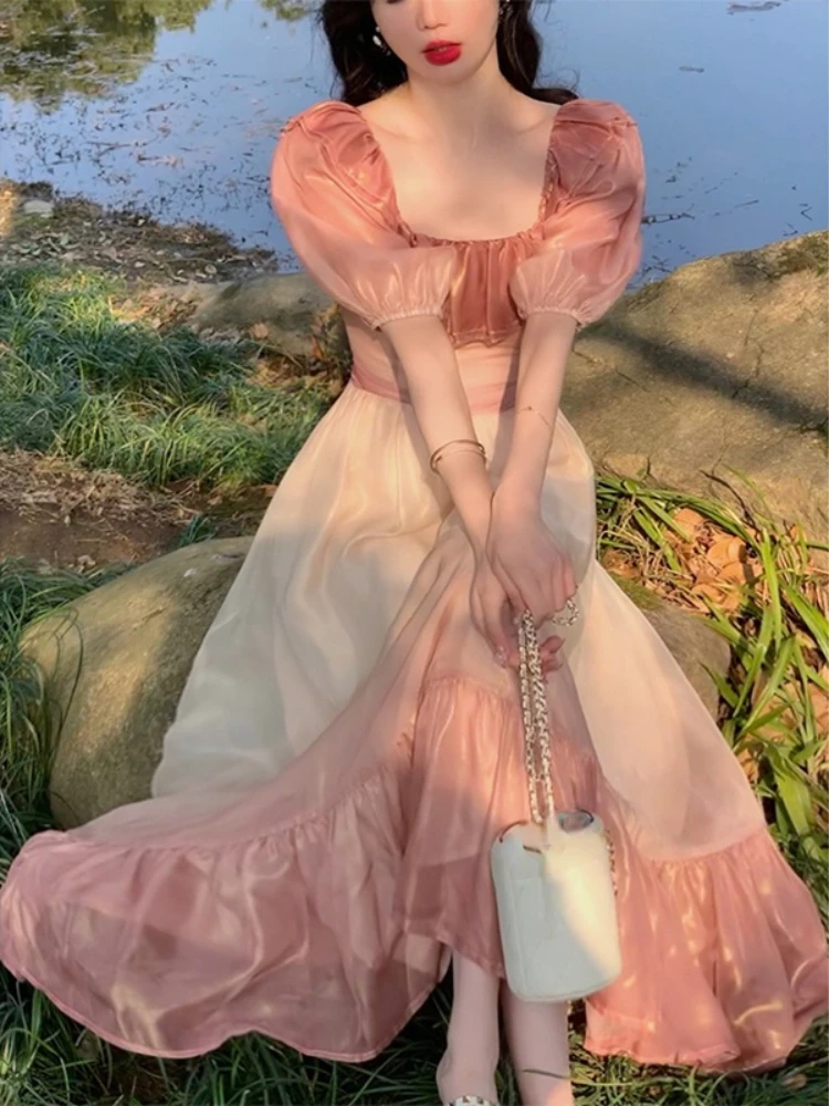 

2023 Summer French Elegant Even Party Dress Woman Holiday Beach Short Sleeve Midi Dress One Piece Dress Korean Fashion Design