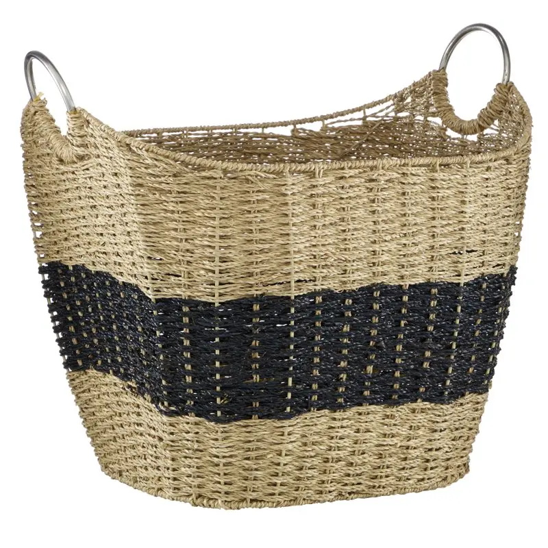 

21" x 19" Brown Seagrass Handmade Two Toned Storage Basket with Metal Handles, 1-Piece