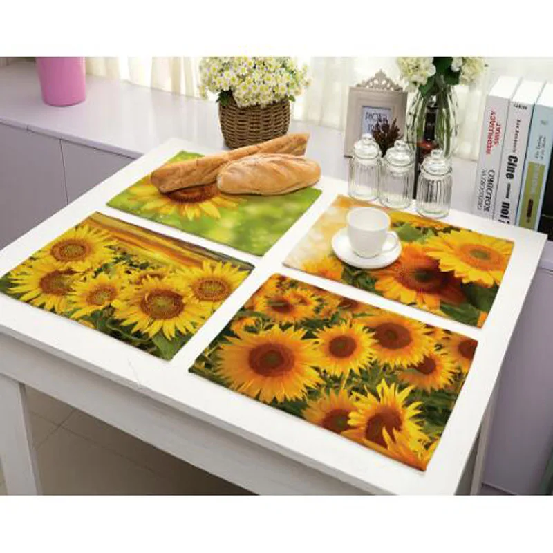 

NEW Natural Jute Burlap sunflower Printed table place mat pad Cloth placemat cup Thanksgiving dish coaster dining doily kitchen