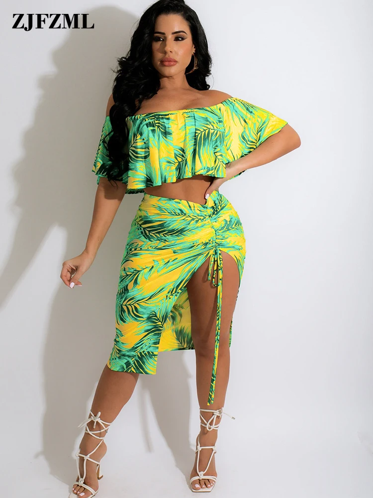 

Leaves Print Cascading Ruffles Crop Top + Ruched Drawstring Side Split Skirt 2 Piece Beachwear Outfits Summer Holiday Tracksuits
