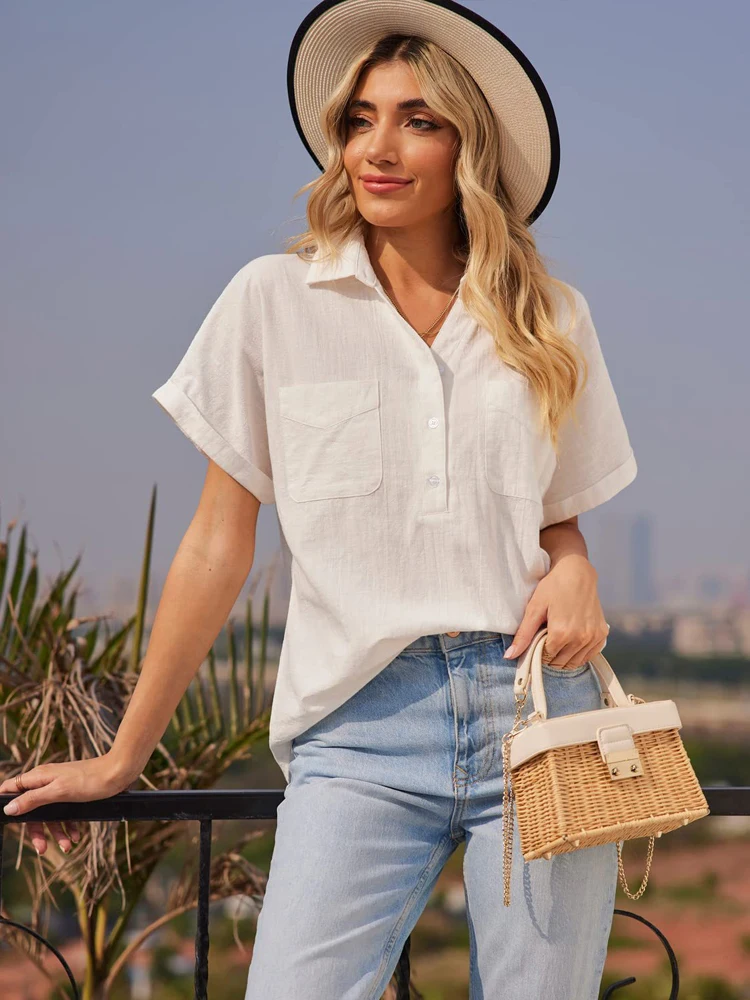 Large Size Short-sleeved Shirt Women's Loose Cotton Linen Shirt Top Button V-neck Casual Work Clothes Two Pockets
