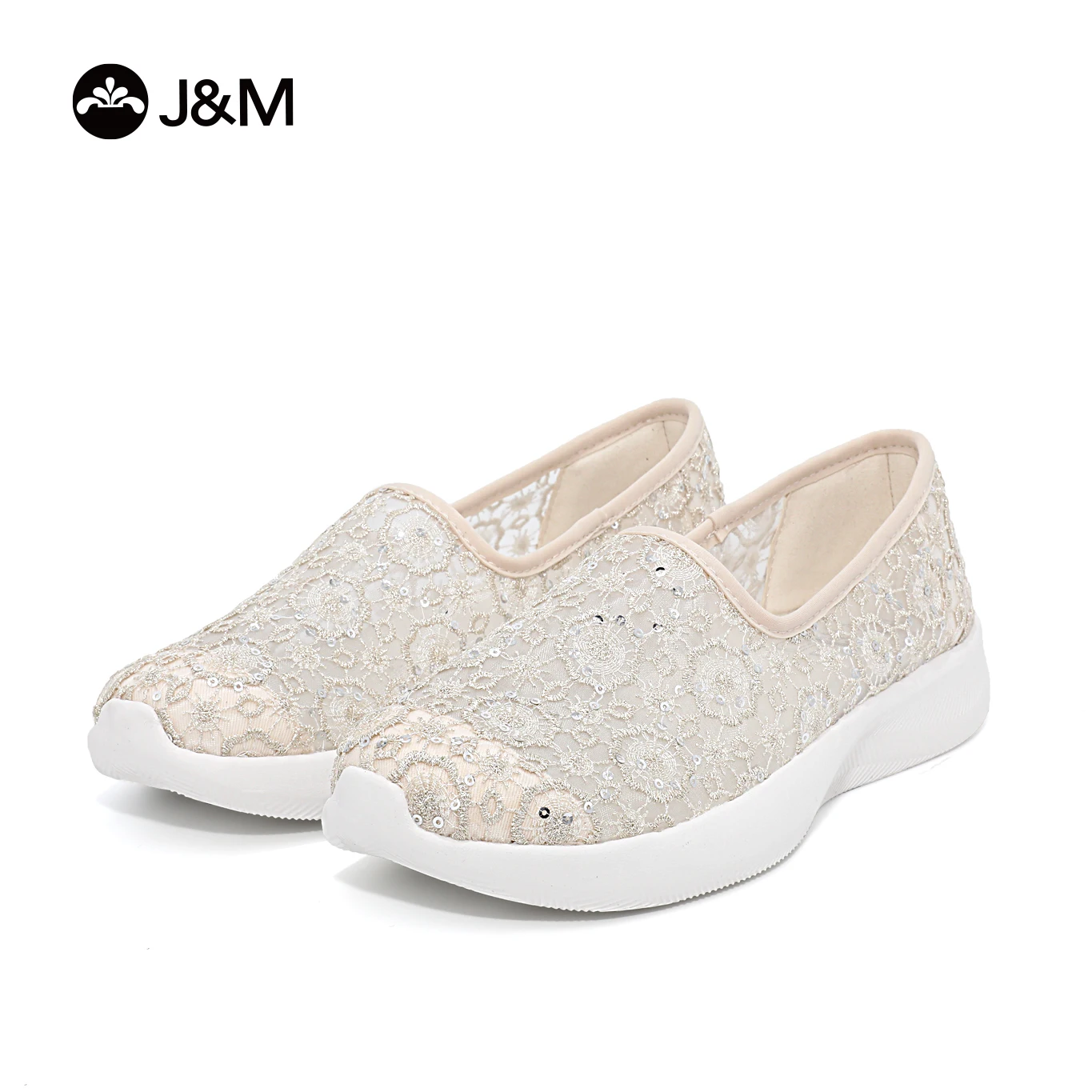 J&M Women Sneakers Lady Black Loafers Walking Slip-On Sports Shoes Summer Casual Mesh Lace Breathable White Soft Sole Zapatillas