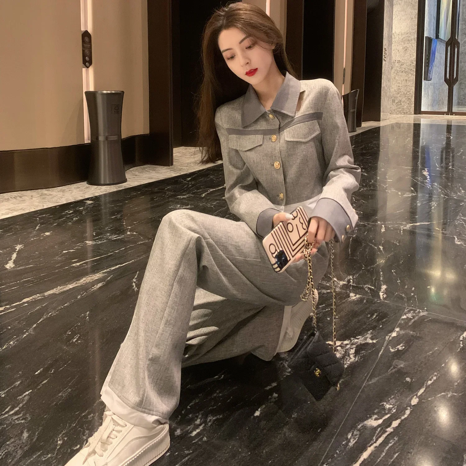 Весенне-осенние серые офисные брюки для женщин комплект из 2 предметов