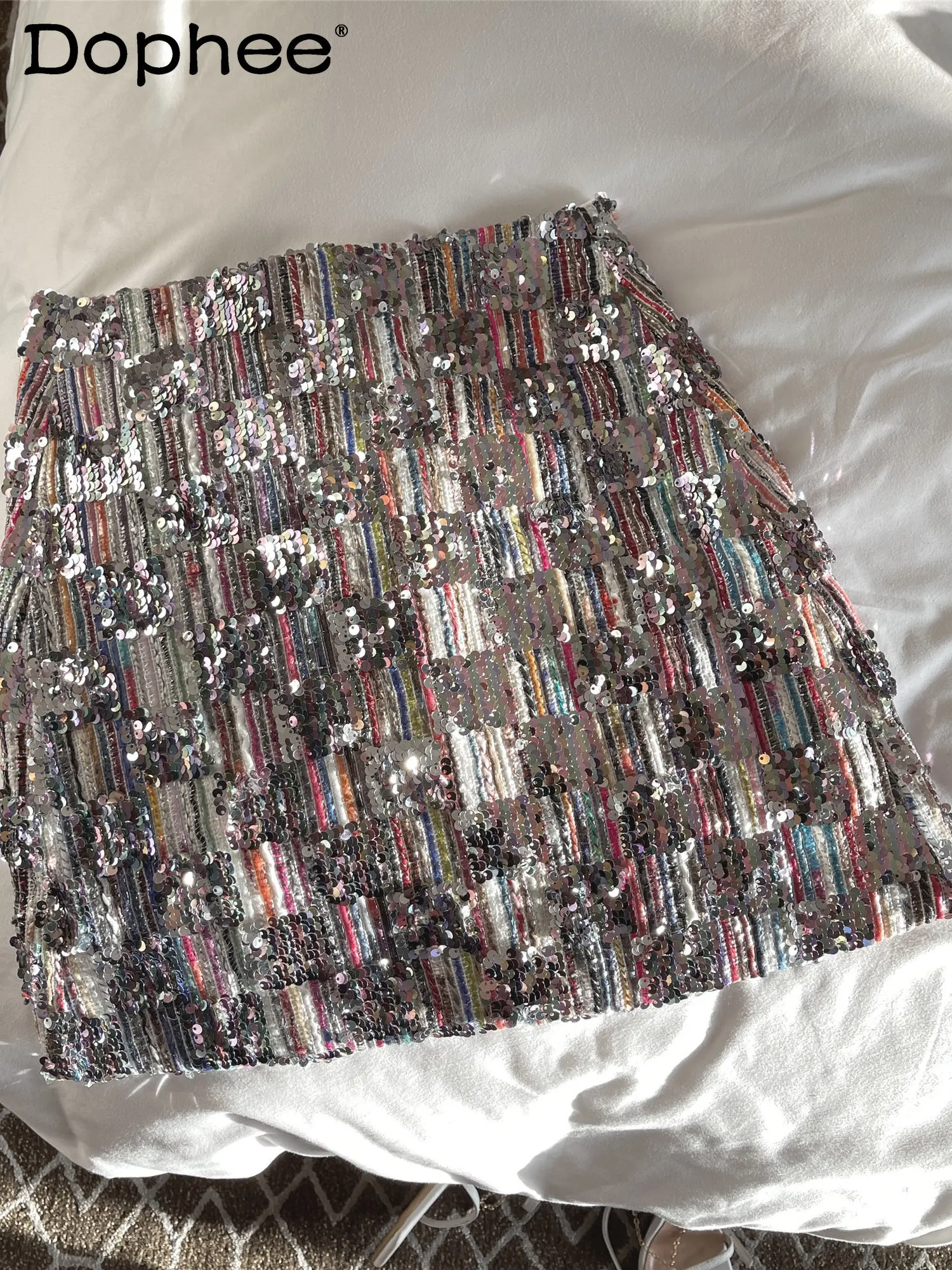 

Color Sequined A- Line Mini Skirt Women High Waist Slim-Fit Sequins Bling Velvet Skirt 2022 Spring Autumn New Club Party Faldas