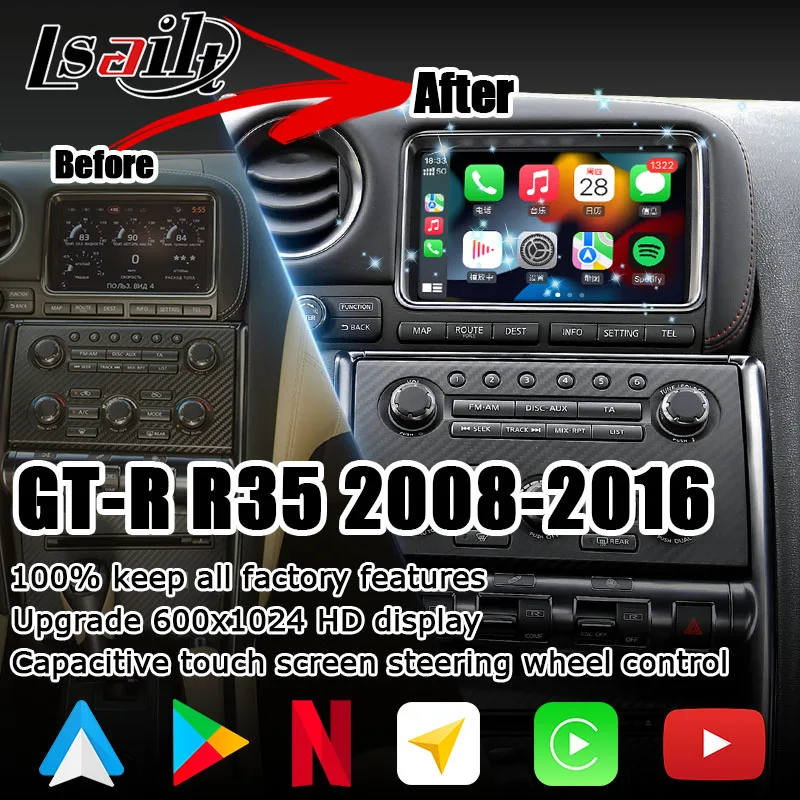 Actualización de pantalla HD con Android carplay para Nissan GT-R, GTR, R35, 2008-2016, JDM, vídeo bypass inalámbrico, IT08, 08IT, Lsailt
