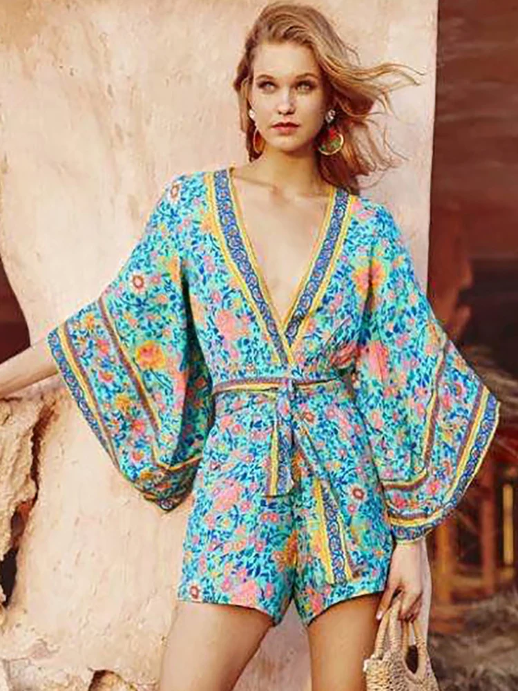 

Fitshinling Deep V Neck Short Jumpsuits For Women Bohemian Print Floral Romper With Sashes Flare Sleeve Slim Vintage Playsuits